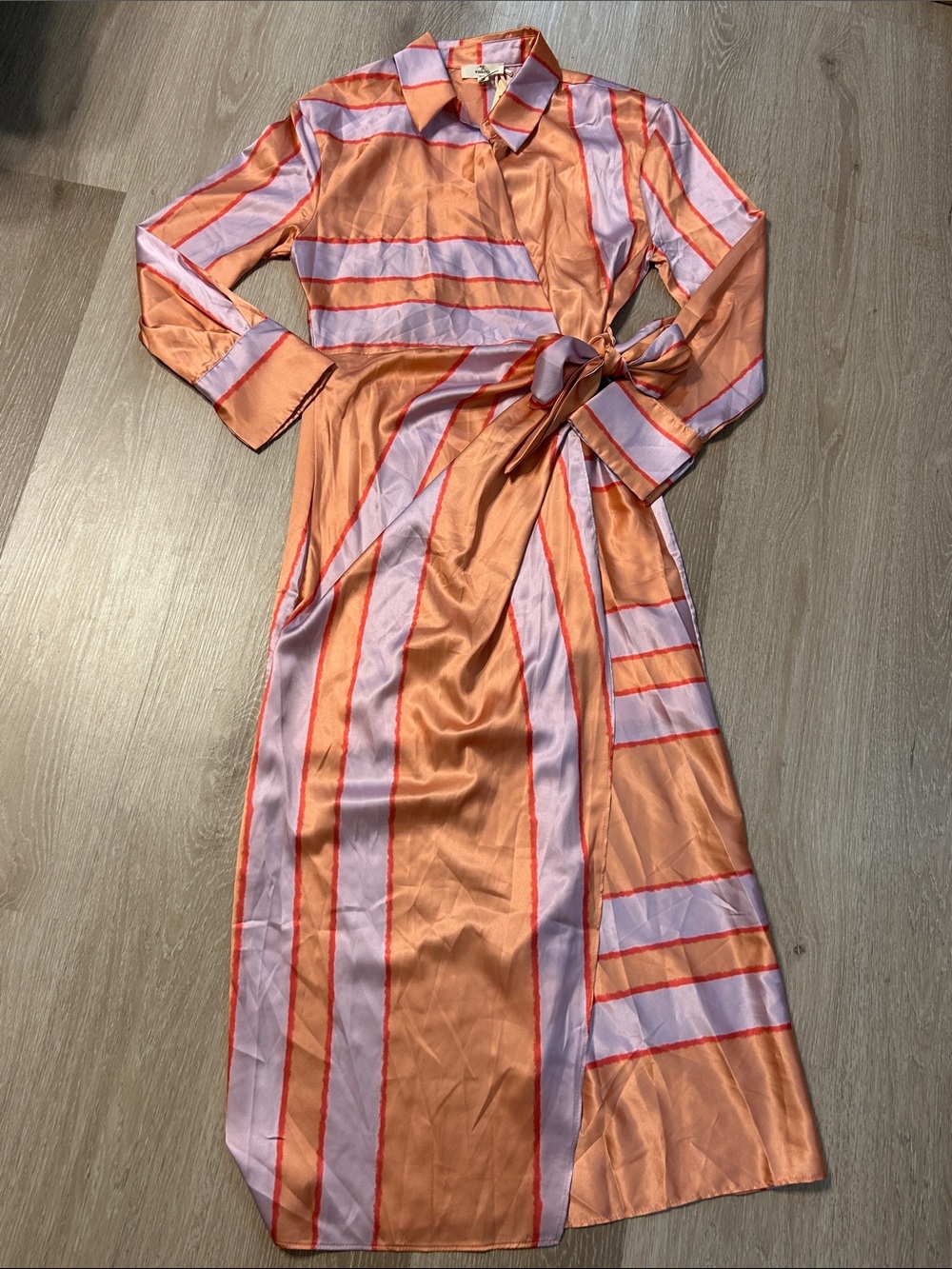 Entro NWT Satin Tie Waist Multi Directional Striped Wrap Dress Sz S